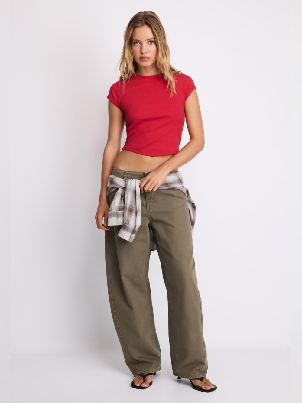 Stradivarius Bright Red Ribbed Cap Sleeve Women's Top